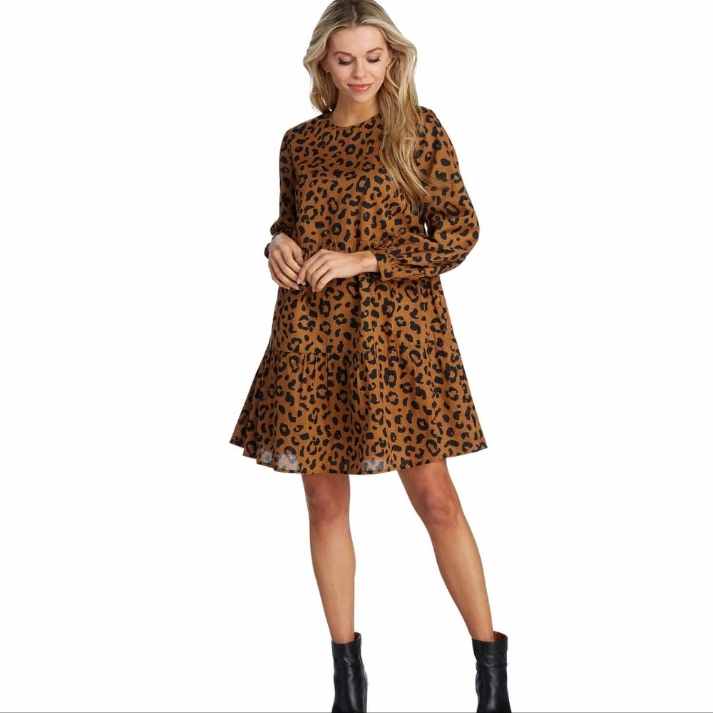 Mud Pie Winnie Tiered Leopard Print Long-Sleeve Dress